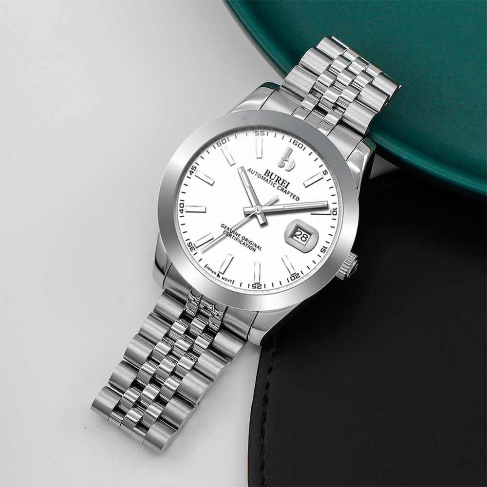 BUREI Men's Watch 41mm, Classic Stainless Steel, Waterproof Machine Watch with Date, Sapphire Crystal, Business Dress Wristwatch