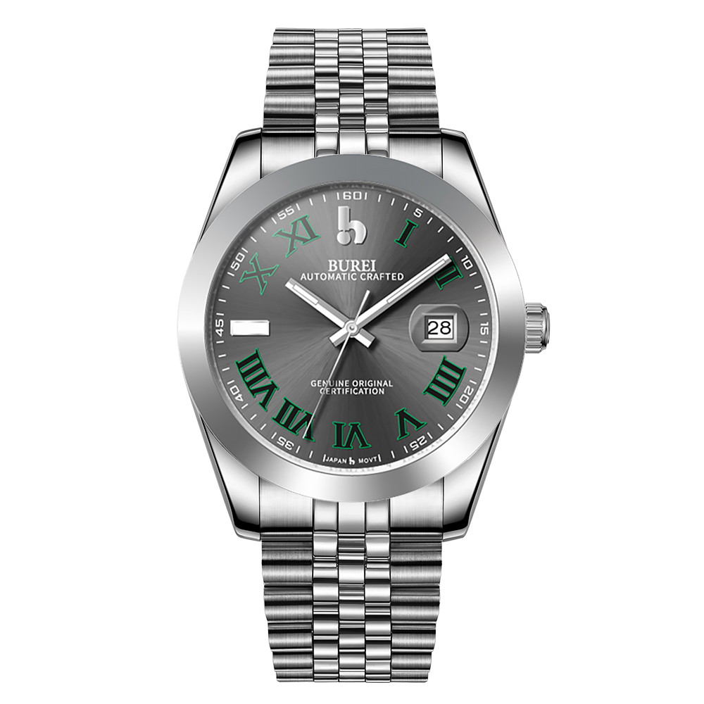 BUREI Men's Watch 41mm, Classic Stainless Steel, Waterproof Machine Watch with Date, Sapphire Crystal, Business Dress Wristwatch
