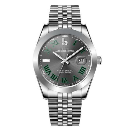 BUREI Men's Watch 41mm, Classic Stainless Steel, Waterproof Machine Watch with Date, Sapphire Crystal, Business Dress Wristwatch