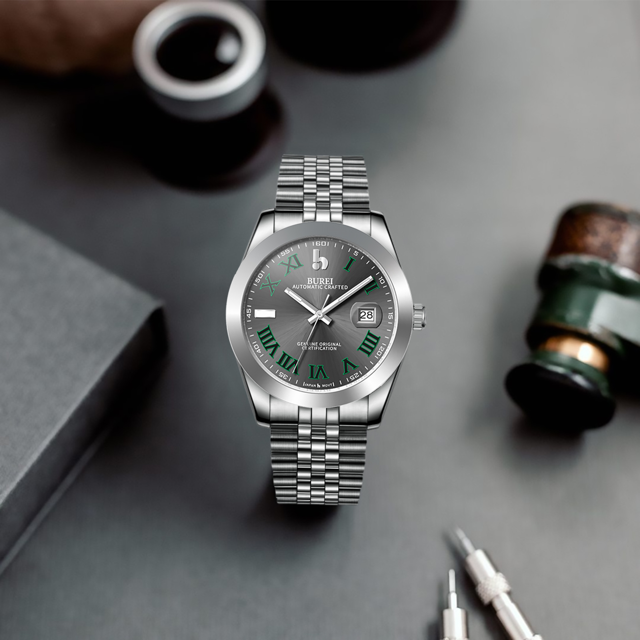 BUREI Men's Watch 41mm, Classic Stainless Steel, Waterproof Machine Watch with Date, Sapphire Crystal, Business Dress Wristwatch