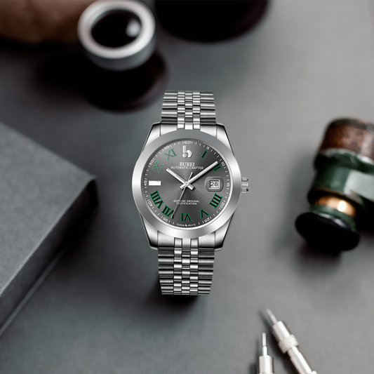BUREI Men's Watch 41mm, Classic Stainless Steel, Waterproof Machine Watch with Date, Sapphire Crystal, Business Dress Wristwatch