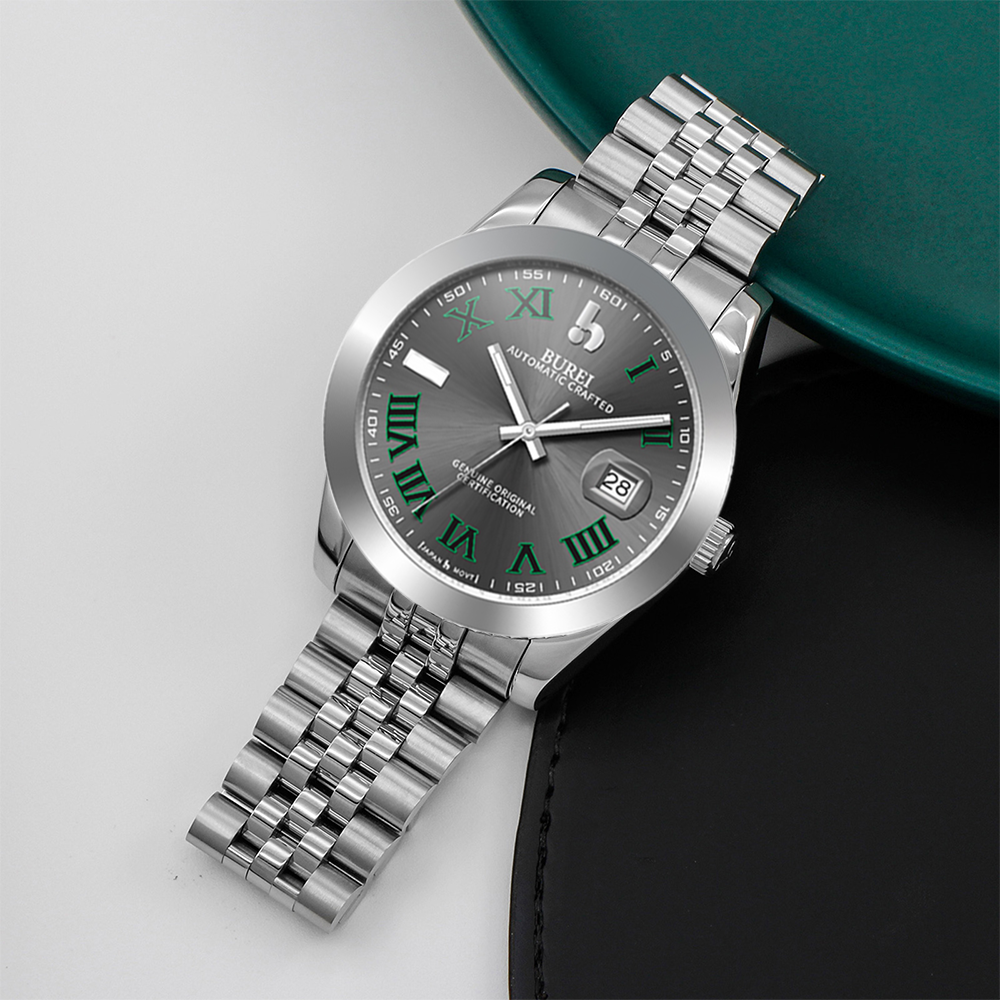 BUREI Men's Watch 41mm, Classic Stainless Steel, Waterproof Machine Watch with Date, Sapphire Crystal, Business Dress Wristwatch