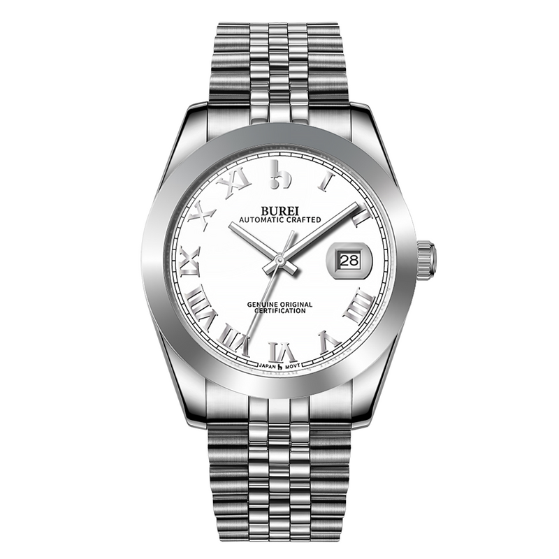 BUREI Men's Watch 41mm, Classic Stainless Steel, Waterproof Machine Watch with Date, Sapphire Crystal, Business Dress Wristwatch