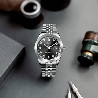 BUREI Men's Watch 41mm, Classic Stainless Steel, Waterproof Machine Watch with Date, Sapphire Crystal, Business Dress Wristwatch
