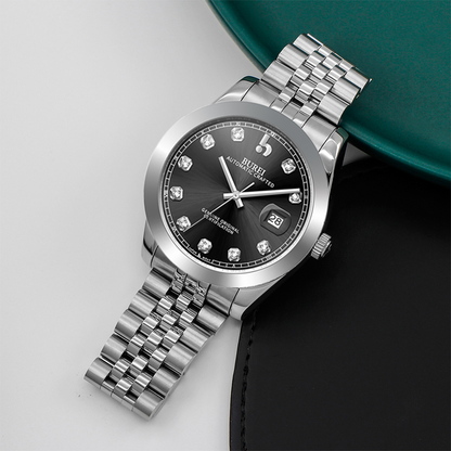 BUREI Men's Watch 41mm, Classic Stainless Steel, Waterproof Machine Watch with Date, Sapphire Crystal, Business Dress Wristwatch