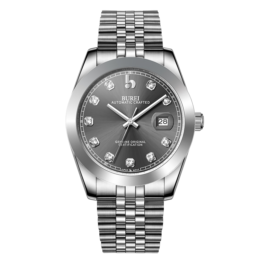 BUREI Men's Watch 41mm, Classic Stainless Steel, Waterproof Machine Watch with Date, Sapphire Crystal, Business Dress Wristwatch