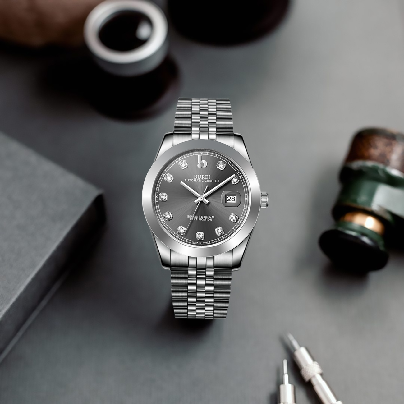 BUREI Men's Watch 41mm, Classic Stainless Steel, Waterproof Machine Watch with Date, Sapphire Crystal, Business Dress Wristwatch