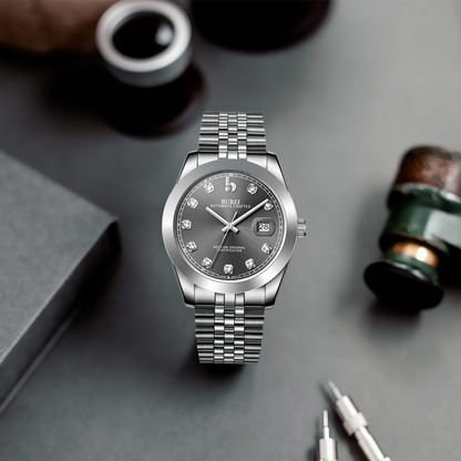 BUREI Men's Watch 41mm, Classic Stainless Steel, Waterproof Machine Watch with Date, Sapphire Crystal, Business Dress Wristwatch