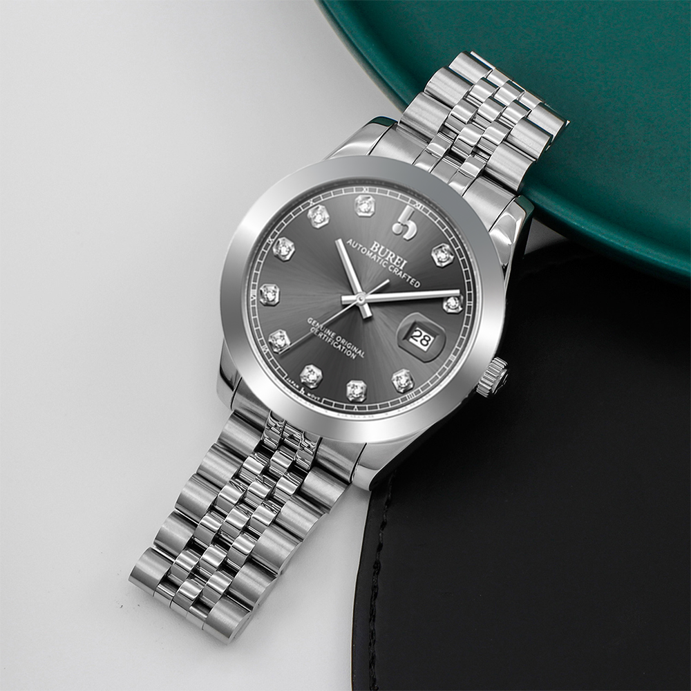BUREI Men's Watch 41mm, Classic Stainless Steel, Waterproof Machine Watch with Date, Sapphire Crystal, Business Dress Wristwatch