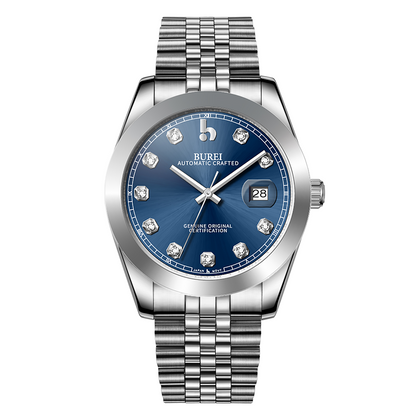BUREI Men's Watch 41mm, Classic Stainless Steel, Waterproof Machine Watch with Date, Sapphire Crystal, Business Dress Wristwatch