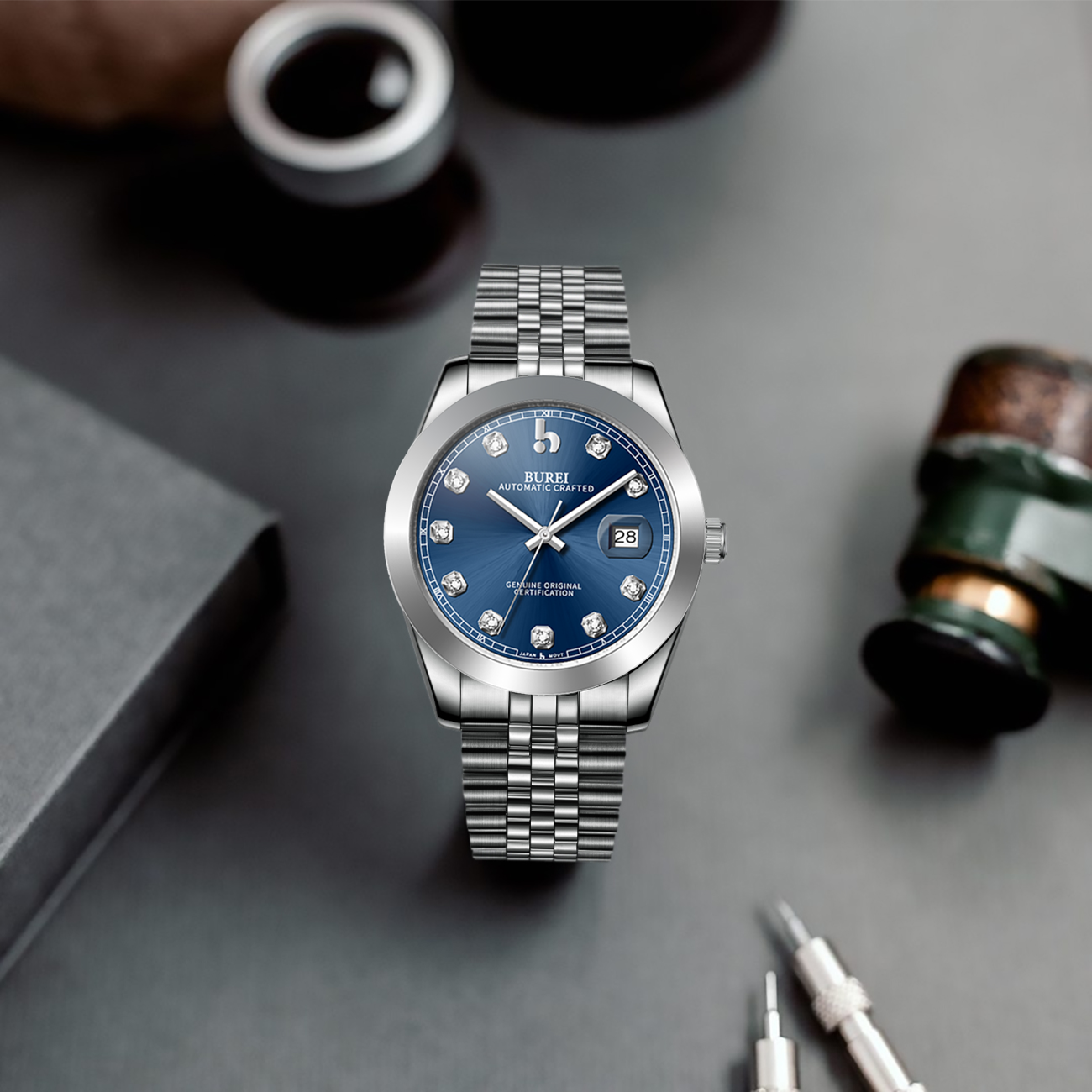 BUREI Men's Watch 41mm, Classic Stainless Steel, Waterproof Machine Watch with Date, Sapphire Crystal, Business Dress Wristwatch