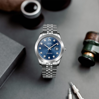 BUREI Men's Watch 41mm, Classic Stainless Steel, Waterproof Machine Watch with Date, Sapphire Crystal, Business Dress Wristwatch