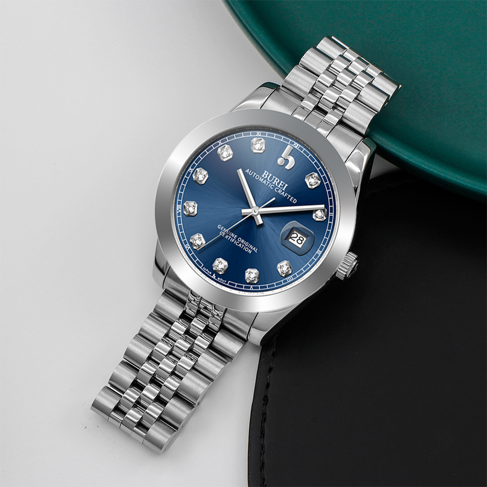 BUREI Men's Watch 41mm, Classic Stainless Steel, Waterproof Machine Watch with Date, Sapphire Crystal, Business Dress Wristwatch