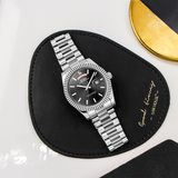 BUREI Mens Luxury Analog Quartz Watches Black Dial Date Display Sapphire Crystal Lens with Two Tones Stainless Steel Band