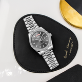 BUREI Mens Luxury Analog Quartz Watches Black Dial Date Display Sapphire Crystal Lens with Two Tones Stainless Steel Band