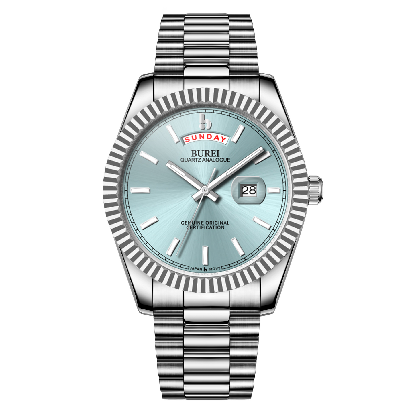 BUREI Mens Watch 41mm, Stainless Steel Analog Quartz, Waterproof with Calendar, Sapphire Crystal Dial, Business Casual Luxury Wristwatch