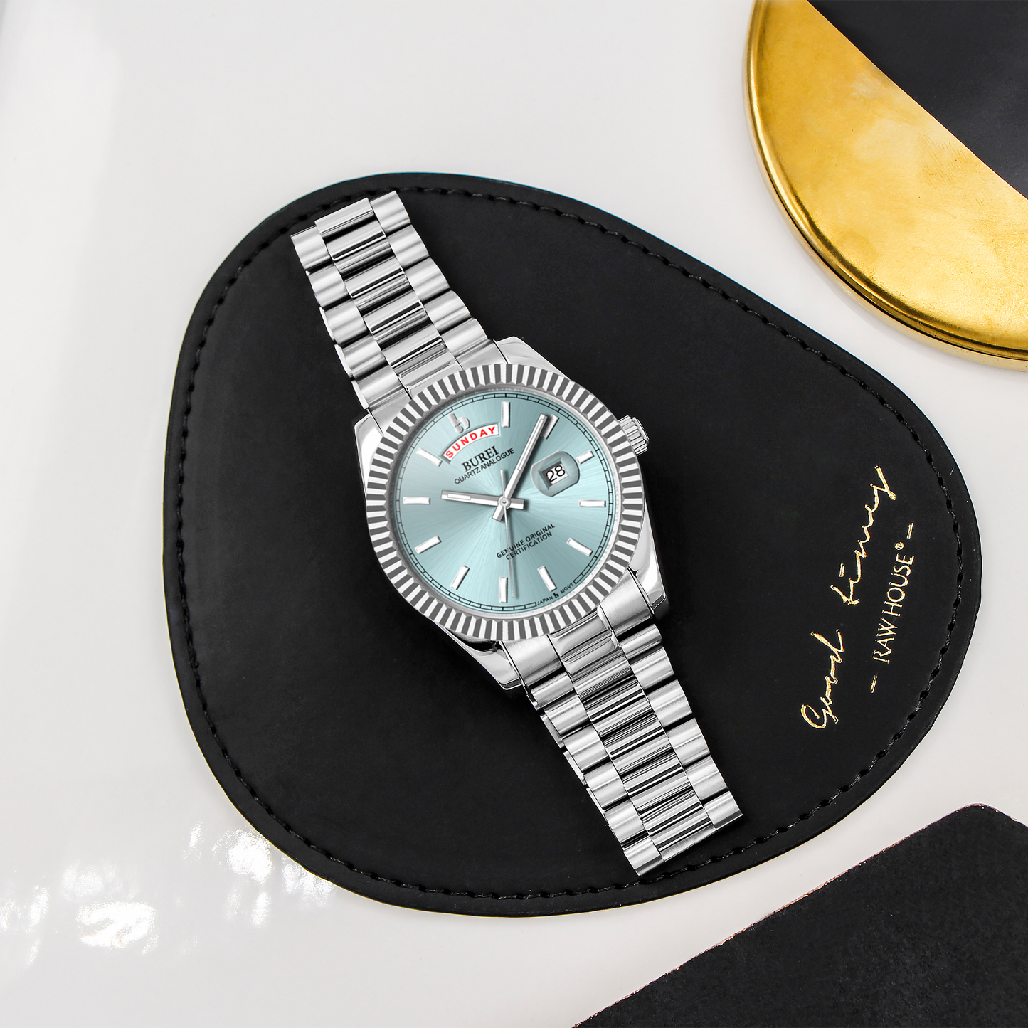 BUREI Mens Watch 41mm, Stainless Steel Analog Quartz, Waterproof with Calendar, Sapphire Crystal Dial, Business Casual Luxury Wristwatch