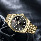 BUREI Mens Luxury Analog Quartz Watches Black Dial Date Display Sapphire Crystal Lens with Two Tones Stainless Steel Band