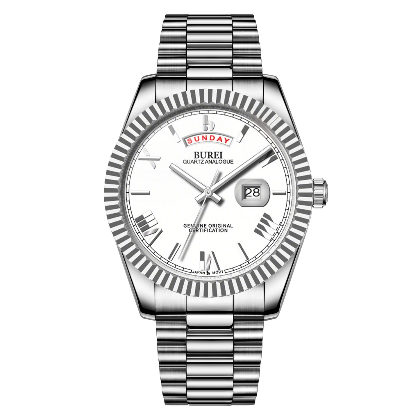 BUREI Mens Watch 41mm, Stainless Steel Analog Quartz, Waterproof with Calendar, Sapphire Crystal Dial, Business Casual Luxury Wristwatch