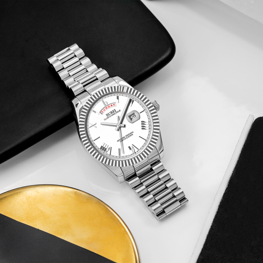 BUREI Mens Watch 41mm, Stainless Steel Analog Quartz, Waterproof with Calendar, Sapphire Crystal Dial, Business Casual Luxury Wristwatch