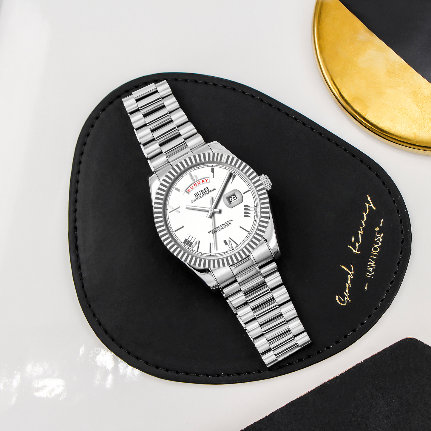 BUREI Mens Watch 41mm, Stainless Steel Analog Quartz, Waterproof with Calendar, Sapphire Crystal Dial, Business Casual Luxury Wristwatch