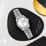 BUREI Mens Luxury Analog Quartz Watches Black Dial Date Display Sapphire Crystal Lens with Two Tones Stainless Steel Band