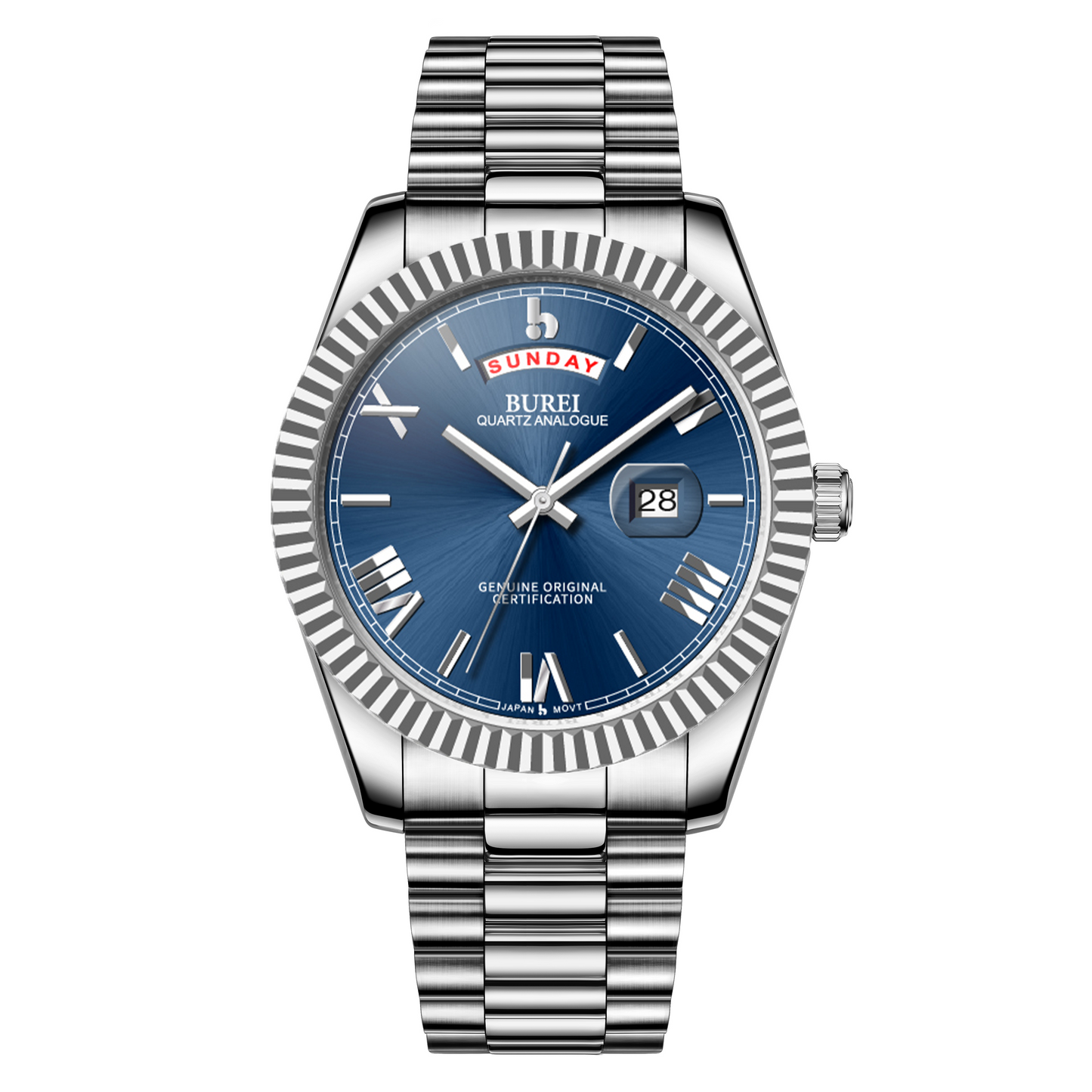 BUREI Mens Watch 41mm, Stainless Steel Analog Quartz, Waterproof with Calendar, Sapphire Crystal Dial, Business Casual Luxury Wristwatch