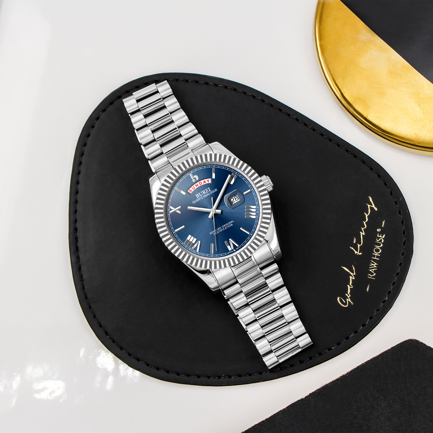 BUREI Mens Watch 41mm, Stainless Steel Analog Quartz, Waterproof with Calendar, Sapphire Crystal Dial, Business Casual Luxury Wristwatch