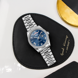 BUREI Mens Luxury Analog Quartz Watches Black Dial Date Display Sapphire Crystal Lens with Two Tones Stainless Steel Band
