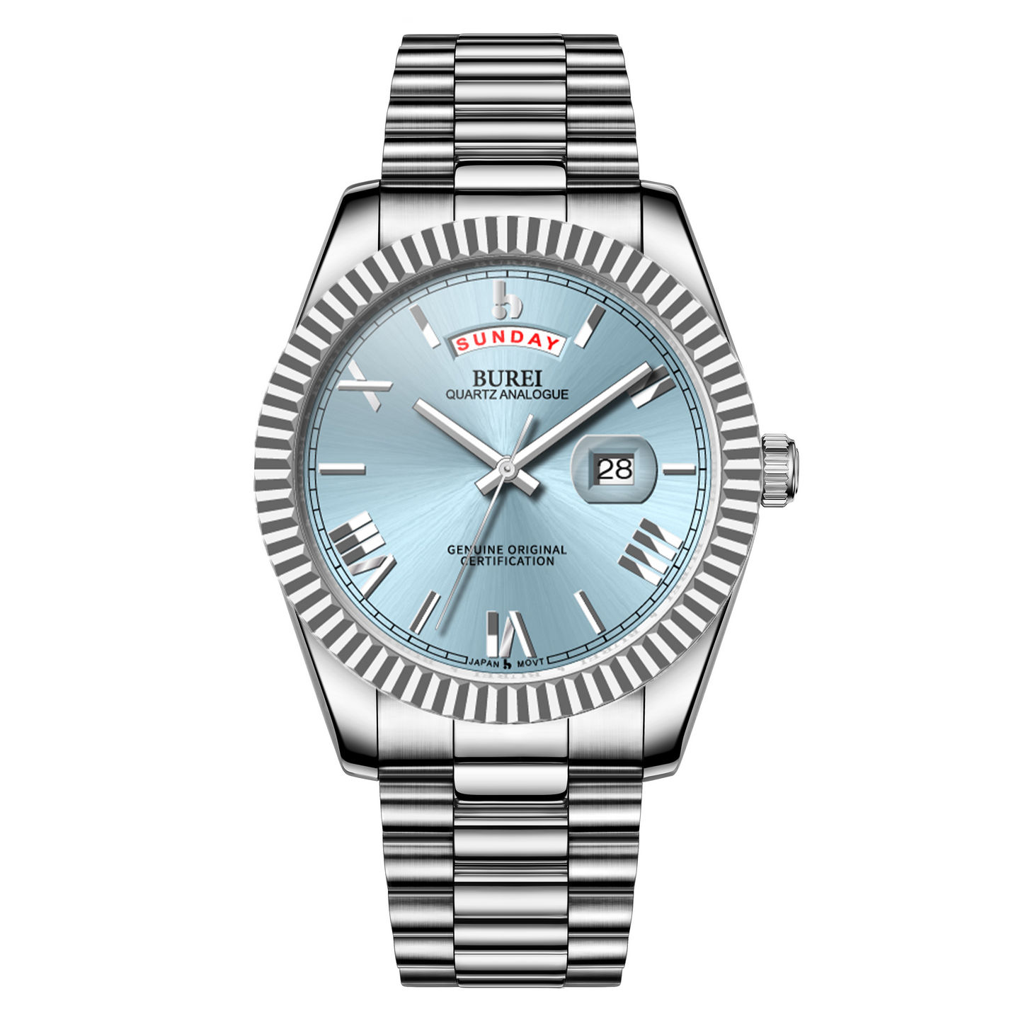 BUREI Mens Watch 41mm, Stainless Steel Analog Quartz, Waterproof with Calendar, Sapphire Crystal Dial, Business Casual Luxury Wristwatch