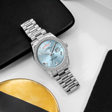BUREI Mens Luxury Analog Quartz Watches Black Dial Date Display Sapphire Crystal Lens with Two Tones Stainless Steel Band