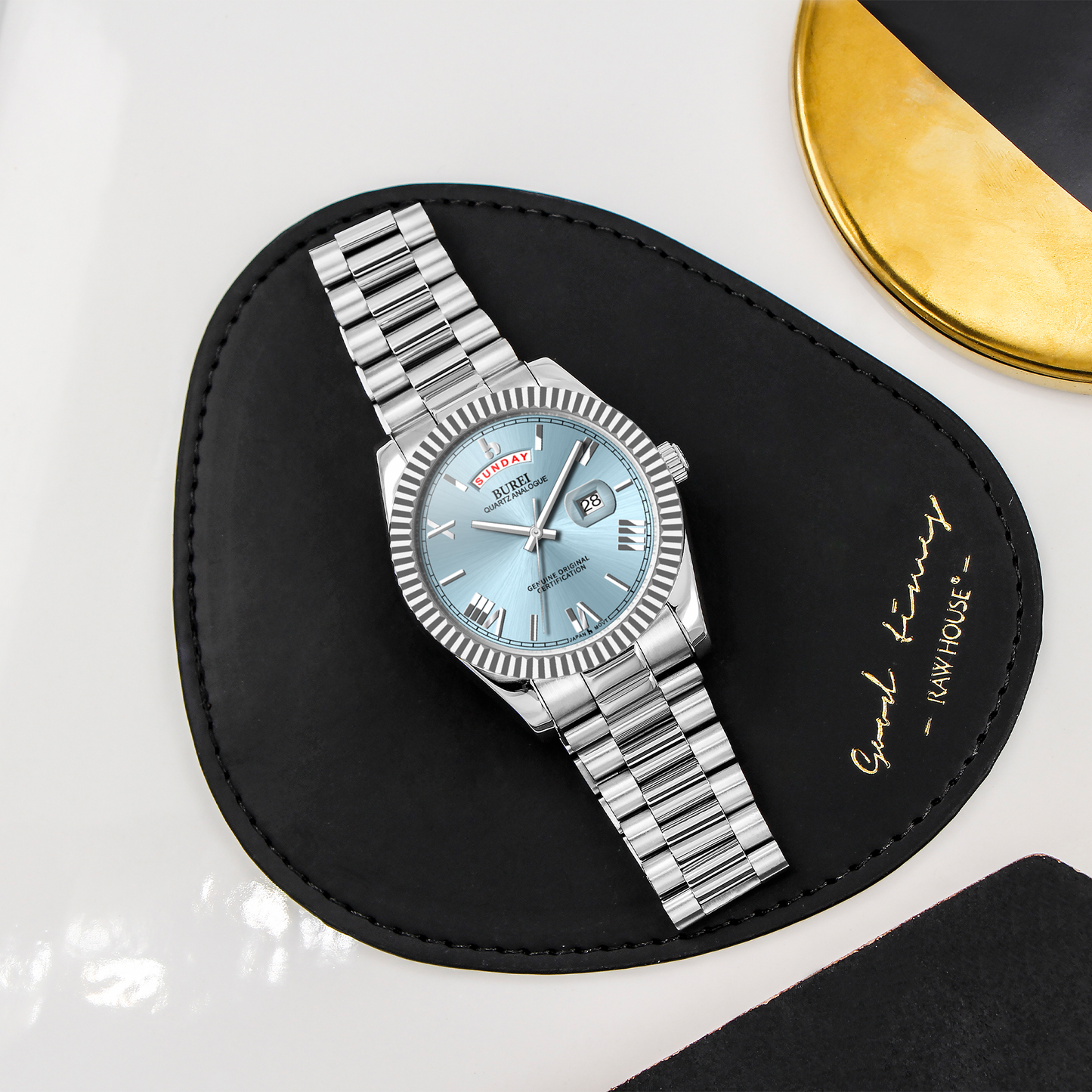 BUREI Mens Watch 41mm, Stainless Steel Analog Quartz, Waterproof with Calendar, Sapphire Crystal Dial, Business Casual Luxury Wristwatch