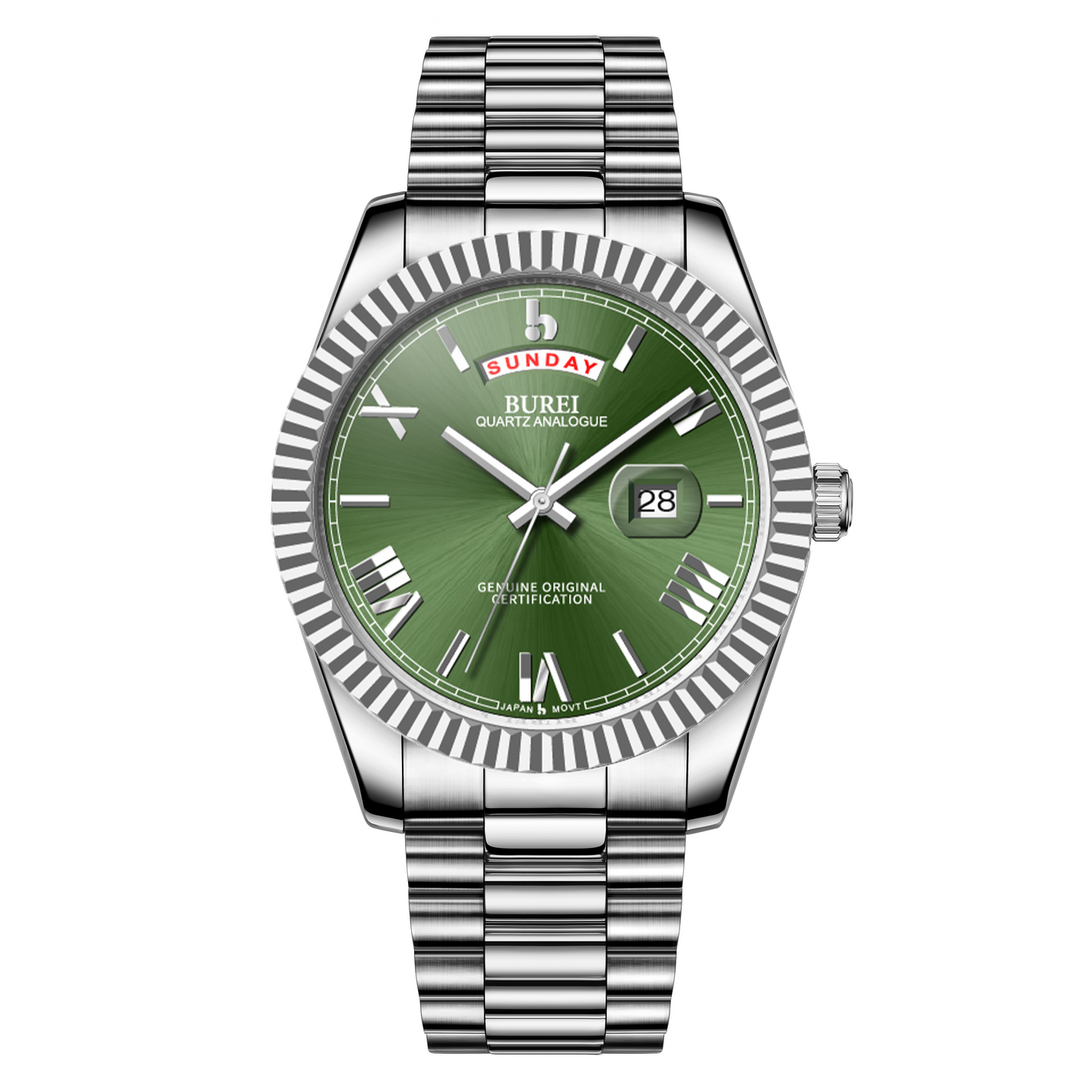 BUREI Mens Watch 41mm, Stainless Steel Analog Quartz, Waterproof with Calendar, Sapphire Crystal Dial, Business Casual Luxury Wristwatch