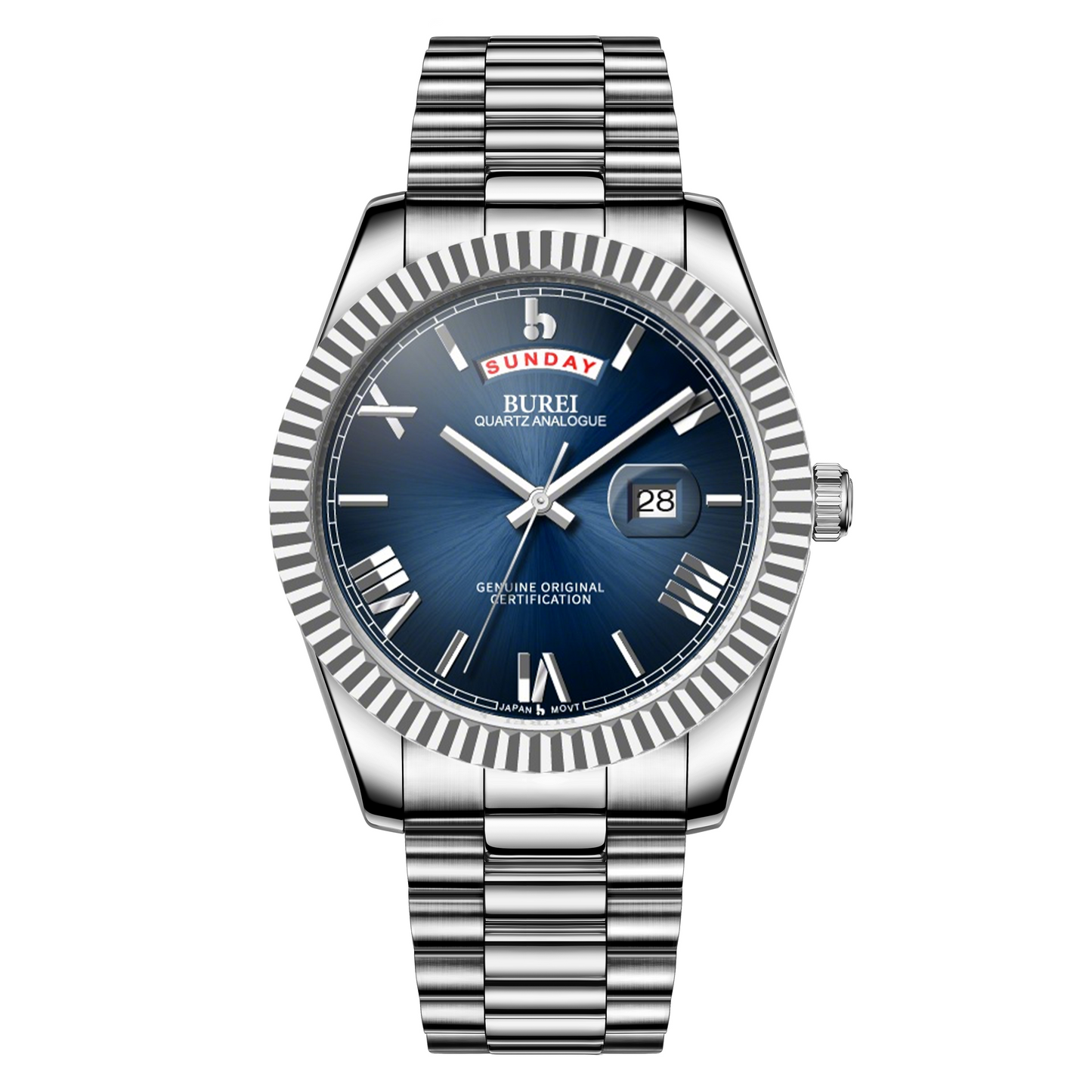 BUREI Mens Watch 41mm, Stainless Steel Analog Quartz, Waterproof with Calendar, Sapphire Crystal Dial, Business Casual Luxury Wristwatch