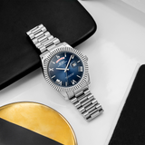 BUREI Mens Luxury Analog Quartz Watches Black Dial Date Display Sapphire Crystal Lens with Two Tones Stainless Steel Band
