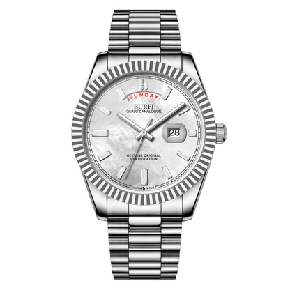 BUREI Mens Watch 41mm, Stainless Steel Analog Quartz, Waterproof with Calendar, Sapphire Crystal Dial, Business Casual Luxury Wristwatch