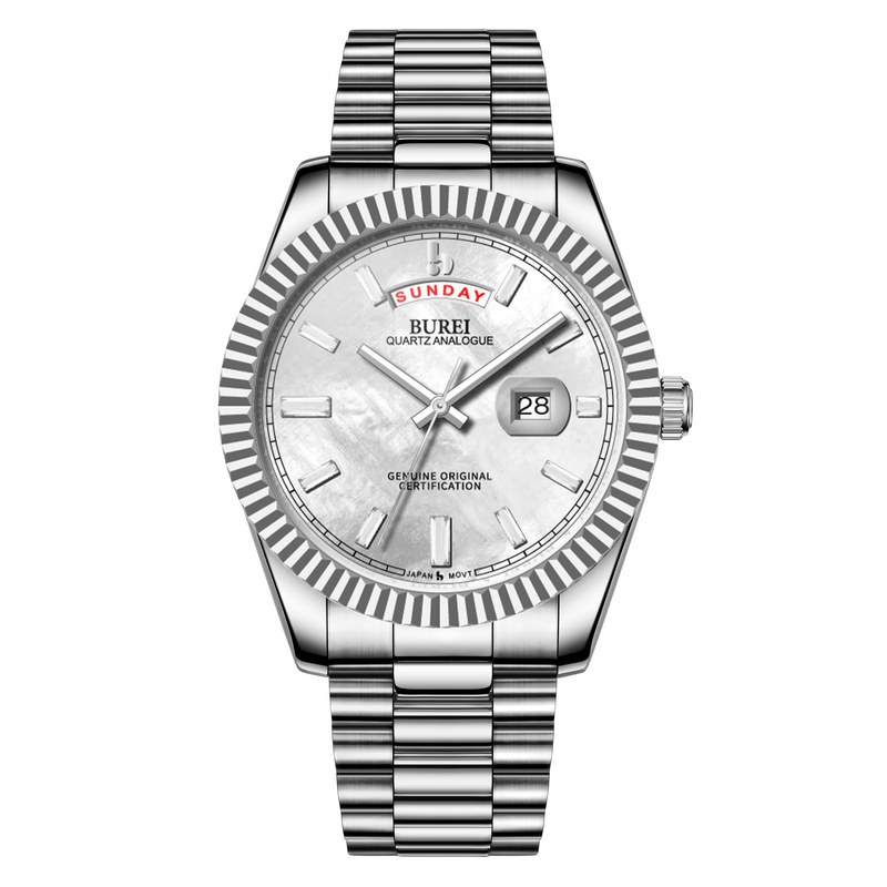 BUREI Mens Luxury Analog Quartz Watches Black Dial Date Display Sapphire Crystal Lens with Two Tones Stainless Steel Band