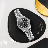BUREI Mens Luxury Analog Quartz Watches Black Dial Date Display Sapphire Crystal Lens with Two Tones Stainless Steel Band