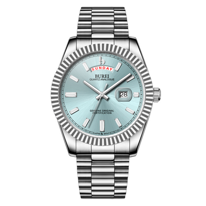 BUREI Mens Watch 41mm, Stainless Steel Analog Quartz, Waterproof with Calendar, Sapphire Crystal Dial, Business Casual Luxury Wristwatch