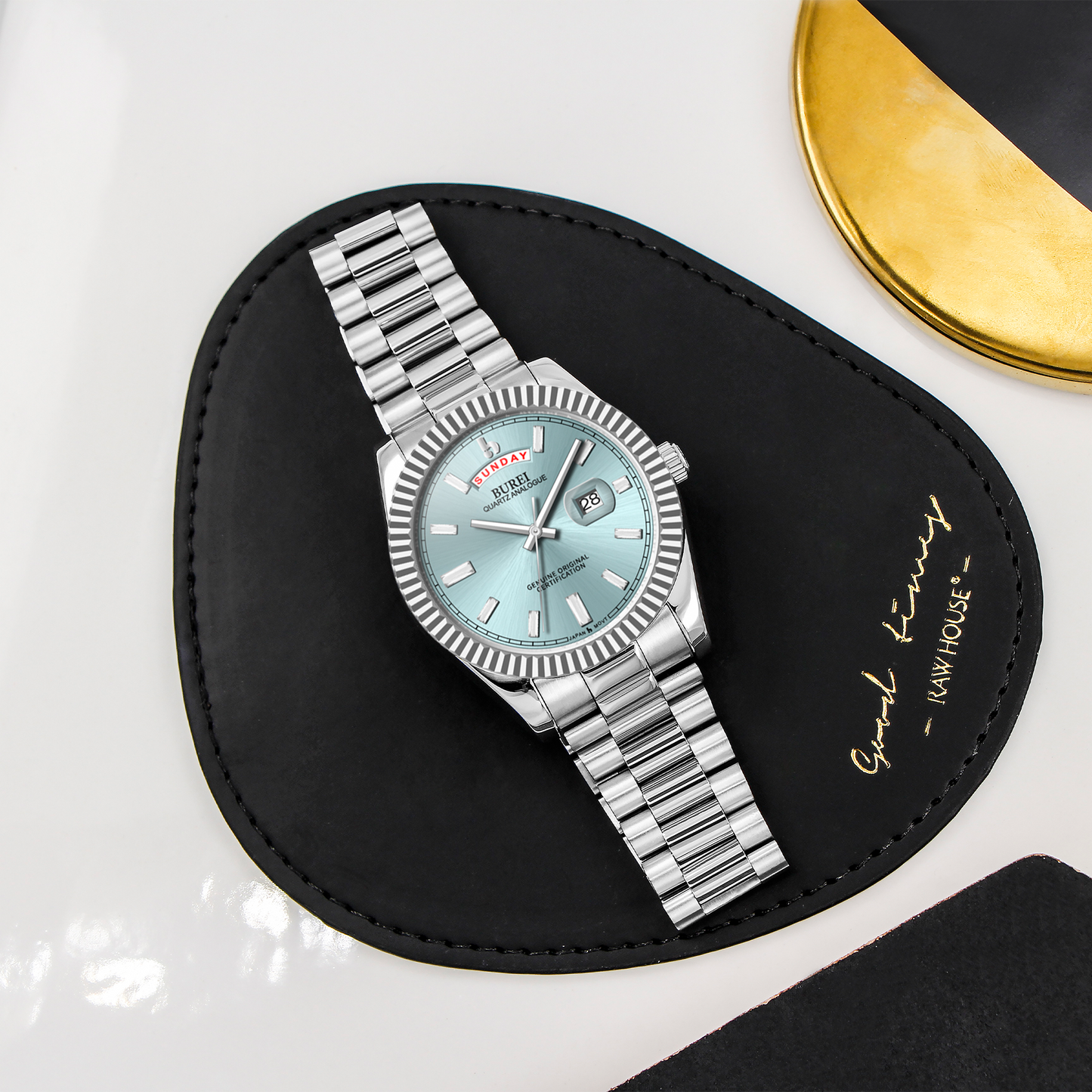 BUREI Mens Watch 41mm, Stainless Steel Analog Quartz, Waterproof with Calendar, Sapphire Crystal Dial, Business Casual Luxury Wristwatch
