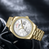 BUREI Mens Luxury Analog Quartz Watches Black Dial Date Display Sapphire Crystal Lens with Two Tones Stainless Steel Band