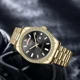 BUREI Mens Luxury Analog Quartz Watches Black Dial Date Display Sapphire Crystal Lens with Two Tones Stainless Steel Band