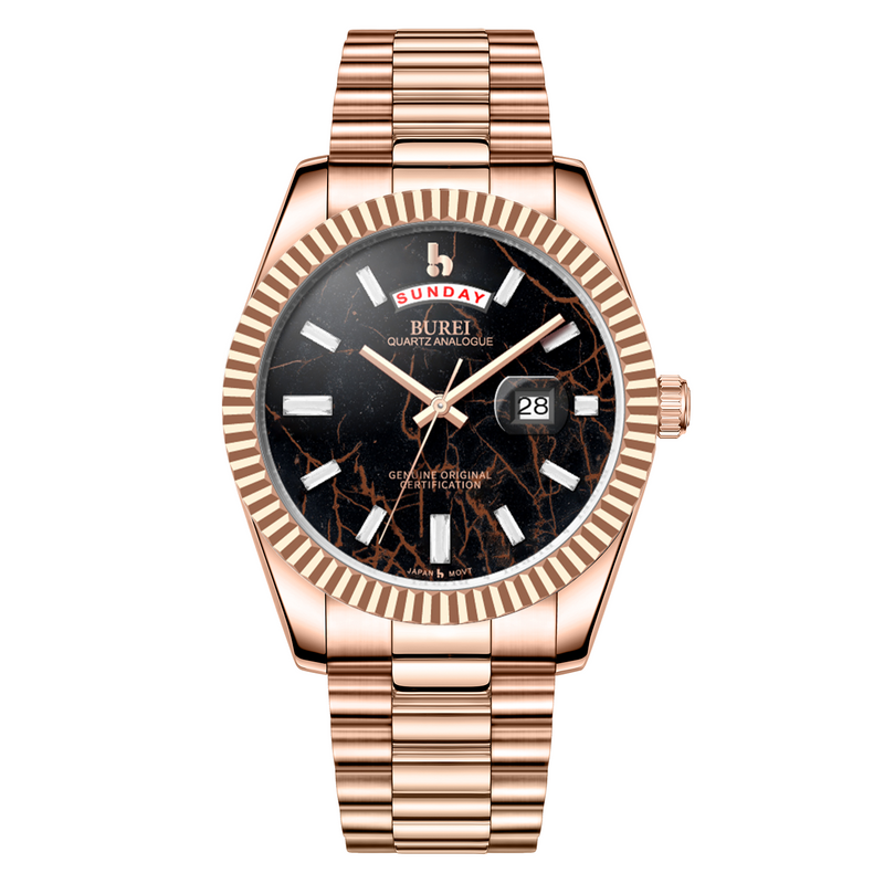 BUREI Mens Luxury Analog Quartz Watches Black Dial Date Display Sapphire Crystal Lens with Two Tones Stainless Steel Band