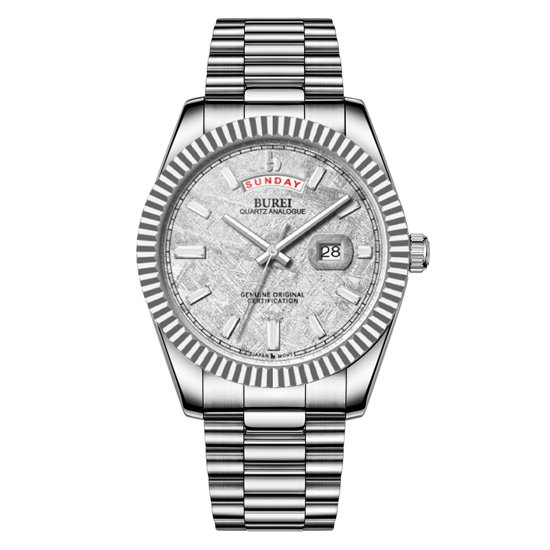 BUREI Mens Watch 41mm, Stainless Steel Analog Quartz, Waterproof with Calendar, Sapphire Crystal Dial, Business Casual Luxury Wristwatch