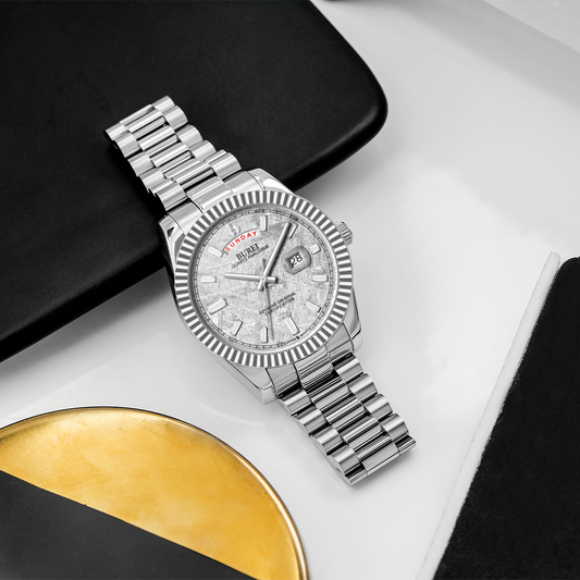 BUREI Mens Watch 41mm, Stainless Steel Analog Quartz, Waterproof with Calendar, Sapphire Crystal Dial, Business Casual Luxury Wristwatch