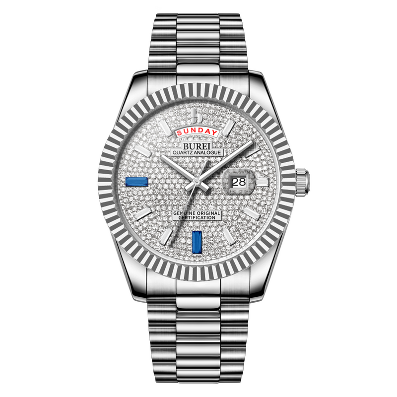 BUREI Mens Luxury Analog Quartz Watches Black Dial Date Display Sapphire Crystal Lens with Two Tones Stainless Steel Band