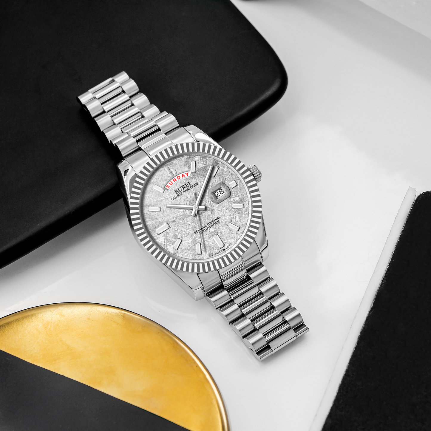 BUREI Mens Watch 41mm, Stainless Steel Analog Quartz, Waterproof with Calendar, Sapphire Crystal Dial, Business Casual Luxury Wristwatch