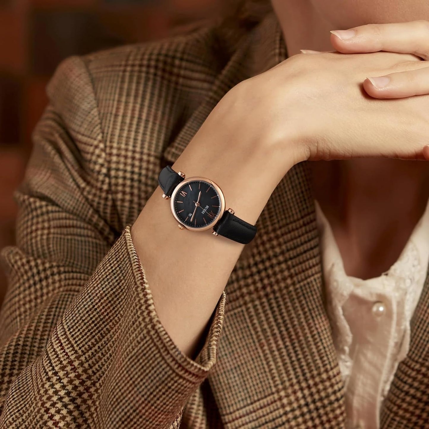BUREI Women's Black Leather Strap Watch Fashion Simple Analog Quartz Waterproof Watches for Women Three Hands,Gift for her