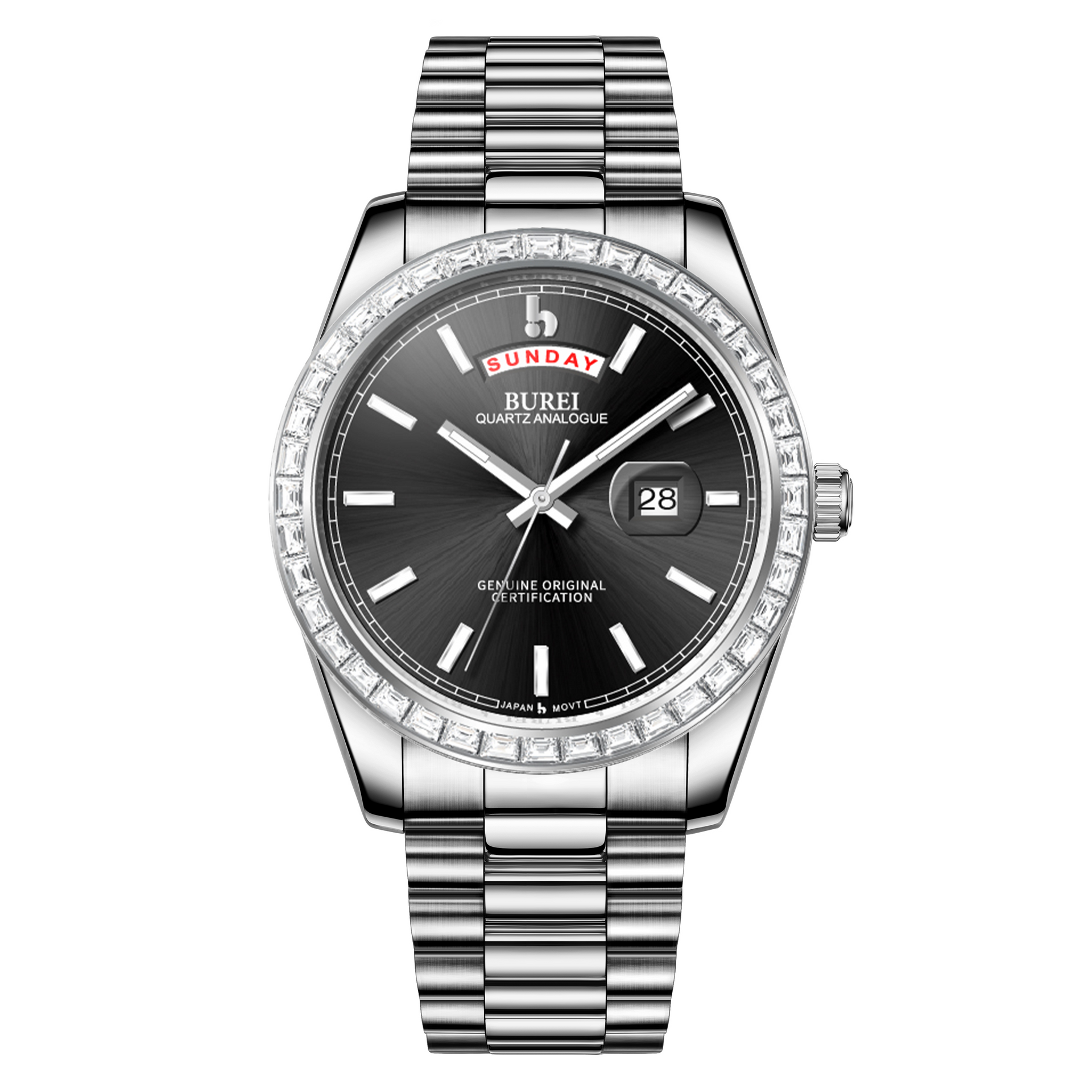 BUREI Mens Watch 41mm, Stainless Steel Analog Quartz, Waterproof