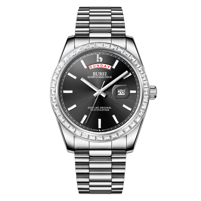 BUREI Mens Luxury Analog Quartz Watches Black Dial Date Display Sapphire Crystal Lens with Two Tones Stainless Steel Band